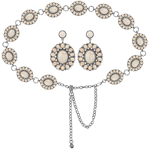 Sasylvia White Turquoise Concho Chain Belt Metal Western Waist Belts for Women Boho Turquoise Drop Earrings