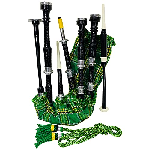 Scottish Bagpipes Set Heritage Musical Instruments Rosewood Black Finish with Silver Mounts Green Tartan Bag Cover Includes Free Tutor book Cane Drones - Thumbnail 3