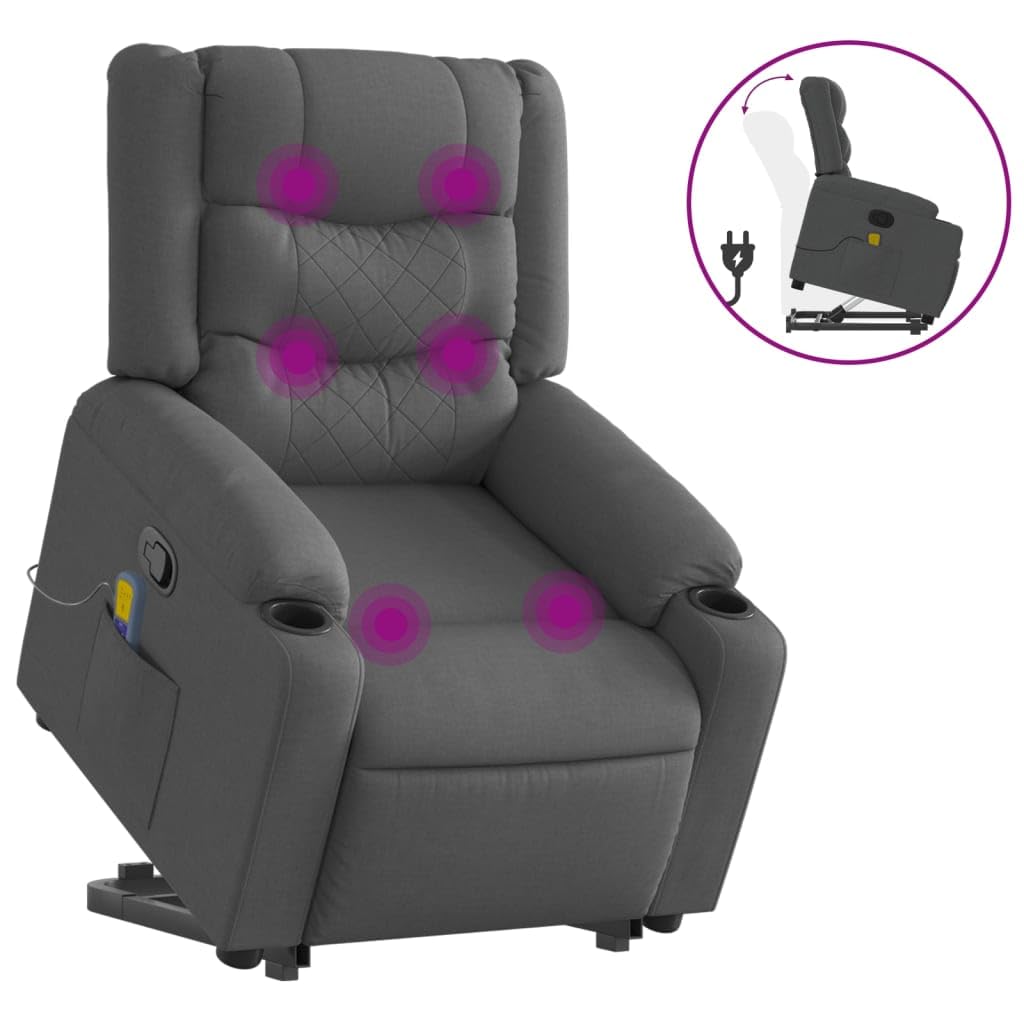 Sillón elevador de personas con masaje reclinable, color gris oscuro, tejido con 6 puntos de masaje y función de elevación eléctrica, silla relax para adultos con reclinación manual