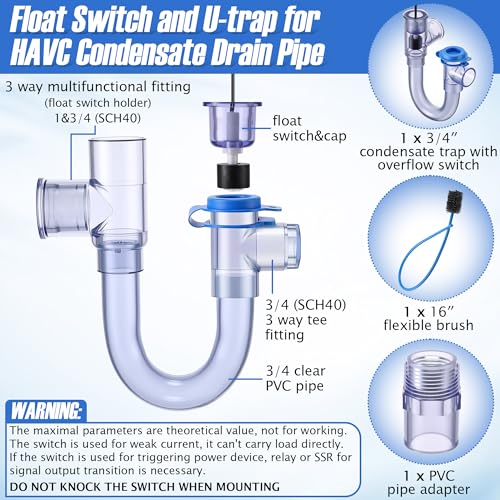 Image of Feekoon 1 Pack Condensate Trap with Built in Overflow Switch, 3 /4 inch Standard PVC U Trap for HVAC System, Air Conditioner, Smart Drain Kit for Condensate Overflow Detection, with Cleaning Brush (Clear)