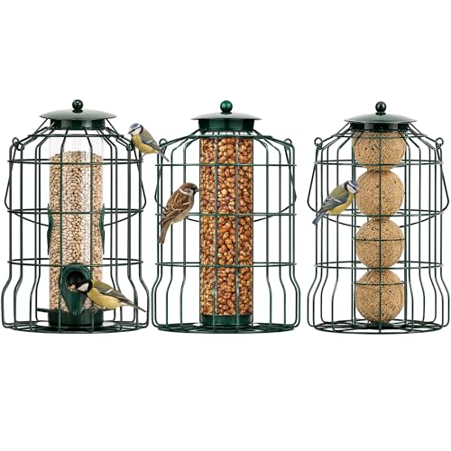 Squirrel Resistant Bird Feeders For Seeds Fatballs Suets and Peanuts Green made from Metal can be hung from trees and feed stations in the garden - 3 pack by Jamieson Brothers
