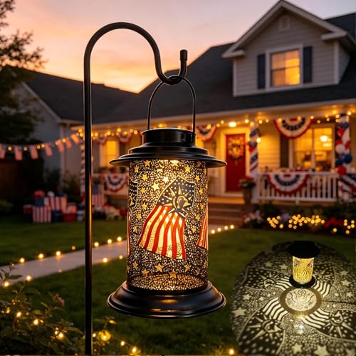 Patriotic Solar Lanterns Outdoor American Flag Pattern with Shepherds Hook