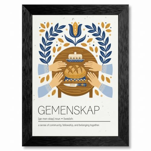 Framed Canvas Wall Art Scandinavian Kurbits Community Bread Hands Navy Blue Mustard Yellow Symmetrical Canvas Print Poster Black Frame Wall Decor for Kitchen Dining Room Nordic Decor, Inch 12x16