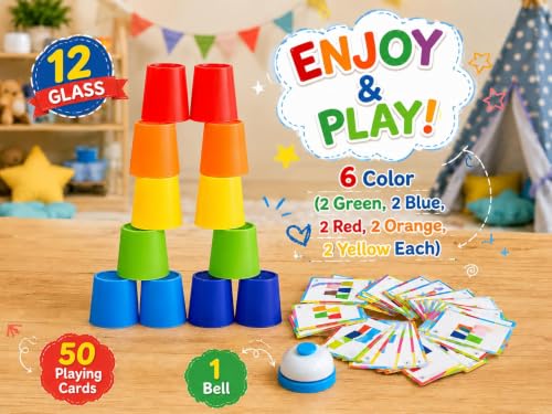 Image of EITHEO Color Sorting Cup Challenge Game Set, 12 Stacking Cups, 50 Pattern Matching Cards & Bell, Speed Cups Game, Montessori Educational STEM Learning Toy, Hand Eye Coordination Activity for Kids 3+