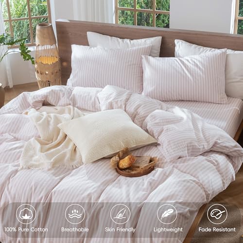 Image of MooMee Striped Duvet Cover Set 100% Washed Cotton Linen Like Twin | Relaxed Linen-like Texture. Soft, Breathable & Long-lasting Comfort. Lightweight. Hidden Zipper with 8 Interior Corner Ties