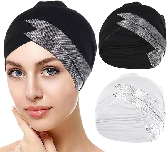 BIGTHREE Women's Stretch Hijab Cap 2-Pack, Soft Lined Under Scarf, Head Wrap Hat, Stretch Sleep Hat
