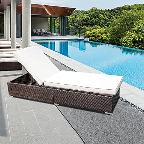 Outraveler Outdoor Chaise Lounge Chair with Cushion,Wicker Rattan Patio Bench Sunbed for Pool,Brown Cover