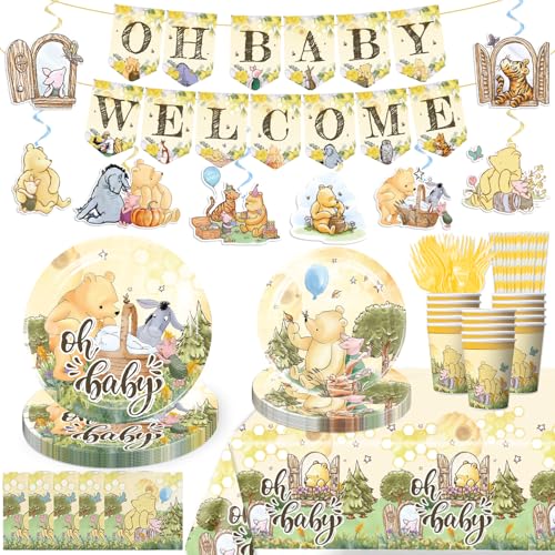Yingoto Bear Baby Shower Decorations, Tableware Set with Classic Bear Baby Shower Plates, Napkins, 2 Tablecloths, Welcome Baby Banner, Hanging Swirls, for Vintage Bear baby shower Decoration