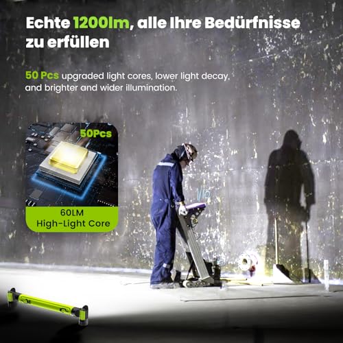 LED Werkstattlampe, ETOOLAB LED Arbeitsleuchte, 5200 mAh, Echte 1200lm, Motorraumleuchte mit Magneten, Baustrahler, 360°Haken, Anwesenheits-Sensor, für Camping, Baustelle,Garage, Grün
