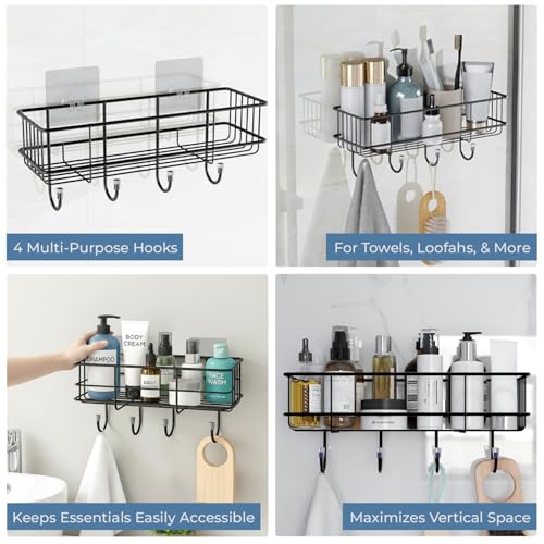 Image of Trendy Home Self Adhesive Bathroom Shelf Organiser, Drill-Free Wall Rack | with Magic Stickers & 4 Hooks, Rust-Proof Storage Shelf for Bathroom, Black