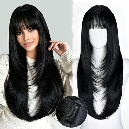 Cmorry Black Wig with Bangs for Women Long Black Wig Realistic Scalp Layered Wig Ready to Go Glueless Wig 26inch Synthetic Wig with Bangs Beginner Friendly