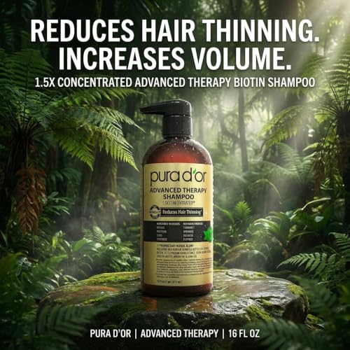 Image of PURA D'OR Advanced Therapy Shampoo Reduces Hair Thinning & Increases Volume, No SLS, Biotin Shampoo Infused w /Argan Oil, Aloe Vera for All Hair Types, Men & Women, Invigorating Forest Scent 16 Fl Oz