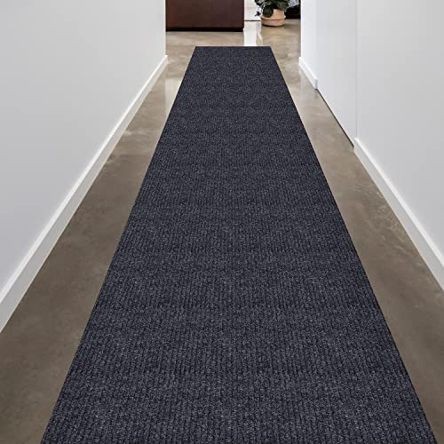 Scrape Rib Solid Design Non-Slip Rubberback 3X20 Indoor/Outdoor Waterproof Runner Rug For Hallway, Kitchen, Living Room, Garage, Patio, 2'7'' X 20', Black #TOP5
