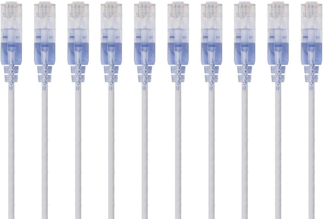 Monopri SlimRun Cat6A Ethernet Patch Cable - Network Internet Cord - RJ45, Strand, 550MHz, UTP, Pure Bare Copper Wire, 10G, 30AWG, 5 Feet, White, 10 Pack