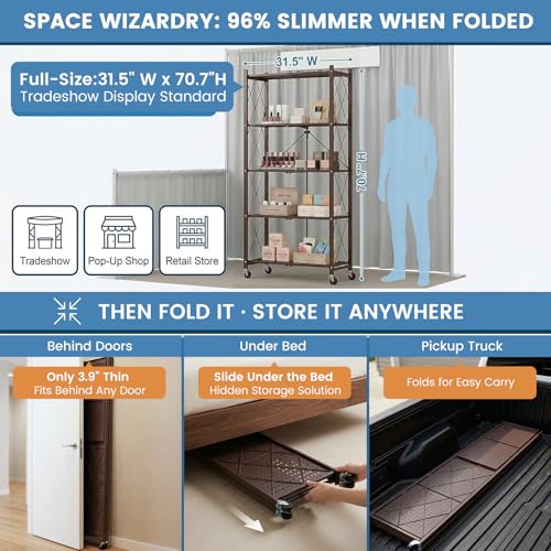 Image of ALANNG 70.7 inch H Metal Storage Shelves, 5 Tier Folding Shelf on Wheels | Heavy Duty, No Assembly, Rolling, Collapsible Rack Unit for Kitchen, Basement, Pantry (Vintage Brown,3 Pack)