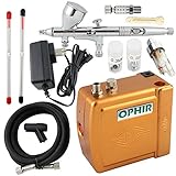 OPHIR Kit de aerógrafo de doble acción de 3 puntas de 12 V dorado mini compresor de aerógrafo modelo Hobby Crafts Cake