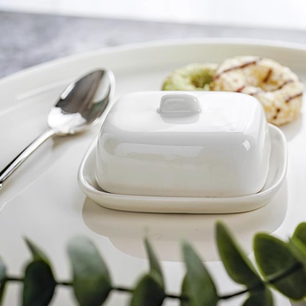 Butter Dishes White Ceramic Reinforced Porcelain Square Shaped European Pure White Ribbon Covered Porcelain Butter Plate Butter Dish Western Hotel Tableware Butter Storage