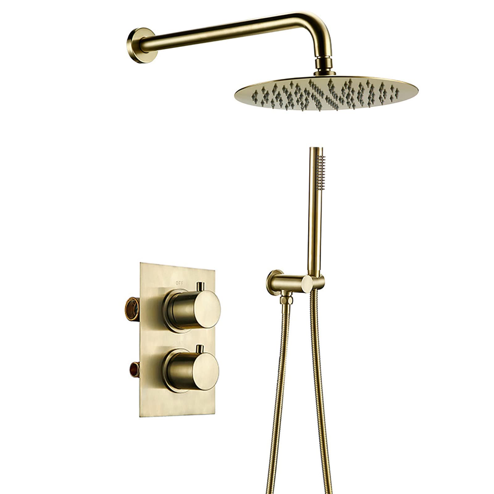 SWENEEN Handheld Showershower System With Thermostat,Shower Faucet Set,Brushed Gold,Rain Mixer,Shower Combo Set,Concealed 2-Way Shower Device With Round Rain Shower Head,Hand Sho,12inch