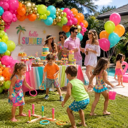 Image of HILAVO Tropical Balloons Kit, 60 PCS 12Inch Hawaiian Balloons Hot Pink Orange Teal Green and Gold Colorful Rainbow Balloon for Summer Tropical Aloha Luau Pool Beach Birthday Baby Shower Party Decor
