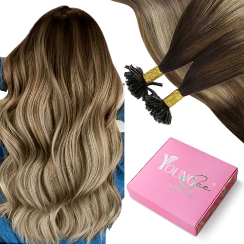 Image of YoungSee U Tip Hair Extensions Human Hair Ombre Dark Brown to Brown with Blonde K Tip Human Hair Extensions Balayage Keratin Hair Extension Real Human Hair Blonde Hair Extensions Utip 24In 1G /S 50G
