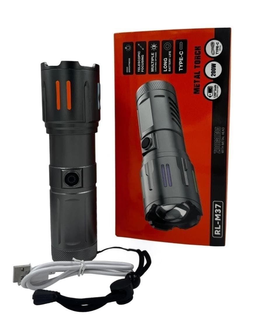 RL-M37 200W Super Bright LED Metal Torch | 3600mAh Rechargeable Battery | Type-C Fast Charging | Zoomable Long Range Flashlight for Outdoor & Emergency-image-46