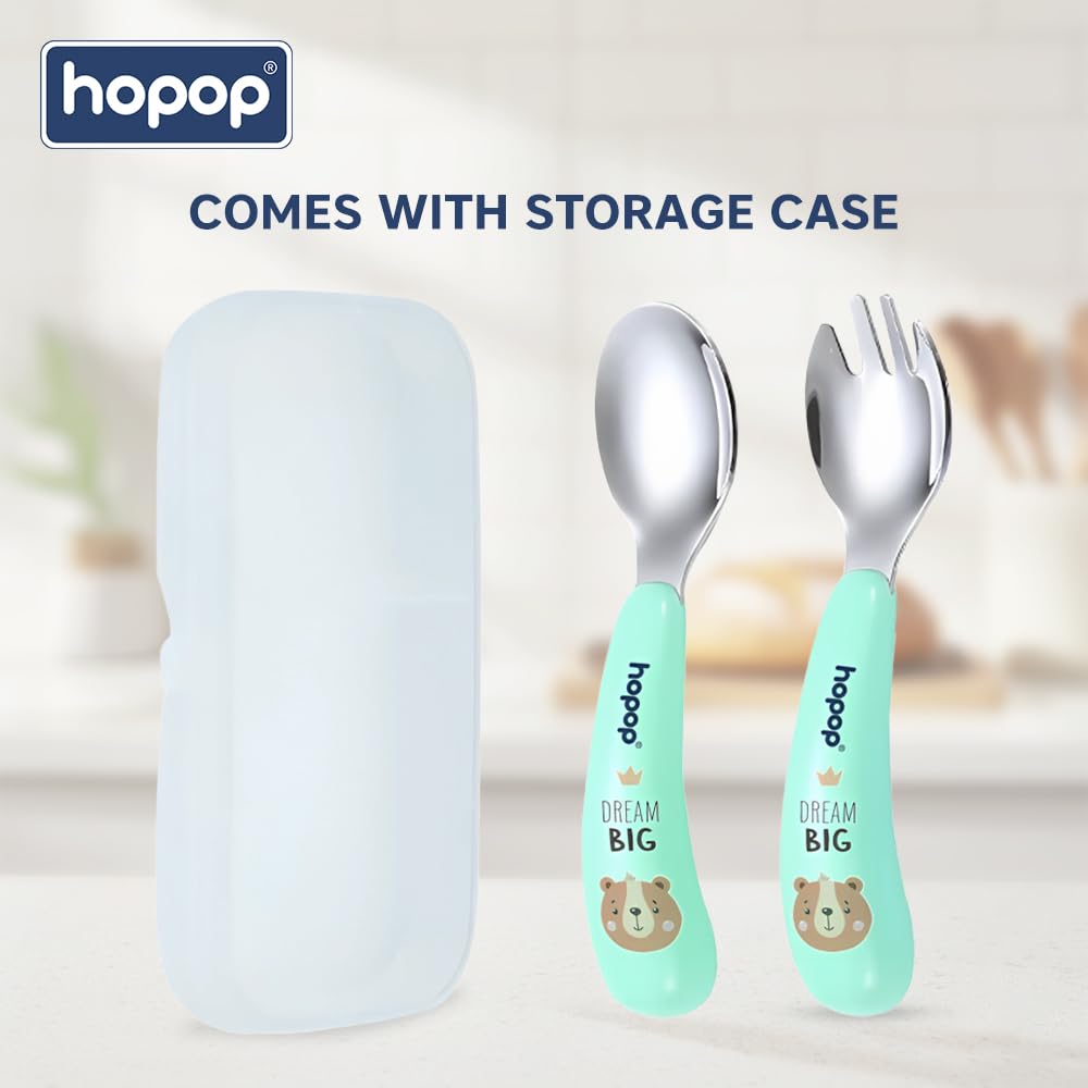 Hopop Stainless Steel Baby Feeding Spoon and Fork Set | Baby Cutlery Set | Self Feeding Spoon & Fork Set with Travel Case for Kids | BPA Free | Green 3