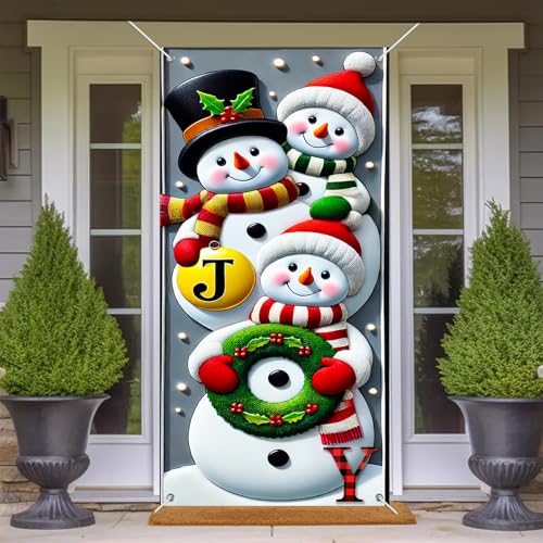 Image of BlissYard Christmas Door Cover 71x35 Inch Snowman Family Door Banner Joy Winter Porch Sign for Front Door Stacked Snowmen Top Hat Santa Hat Green Scarf Holly Bells Entry Decor Outdoor Hanging Cover