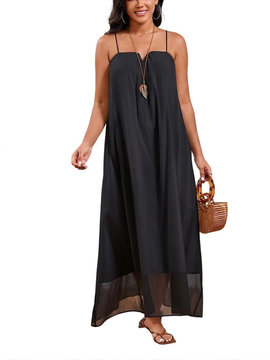 Photo 1 of PerZeal Women's White Spaghetti Strap Maxi Dress Loose Flowy A-Line Beach Dress Casual Summer Vacation Long Dresses Large