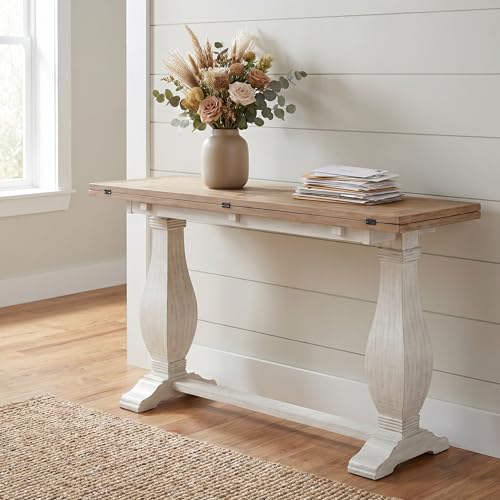 Martin Svensson Home Napa Solid Wood Pedestal Flip-Top Sofa Console Table, White and Driftwood, 60 inches x 18 inches x 30 inches