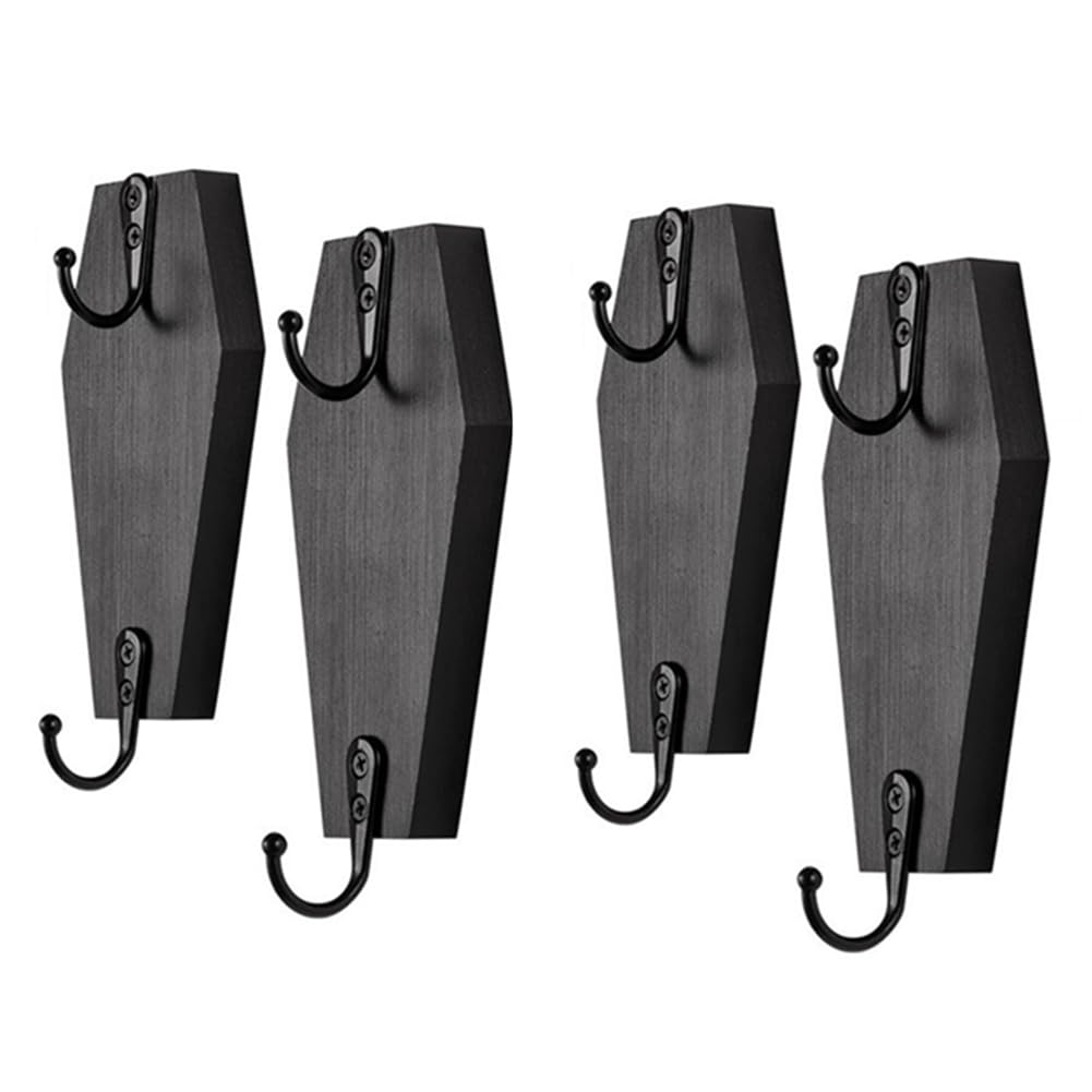 CTRLZS Halloween Coffin Wall Hanging, Coffin Wall Hook for Keys for Wall - Rustic Black Wooden Hanger for Keys, Mugs, Purse B