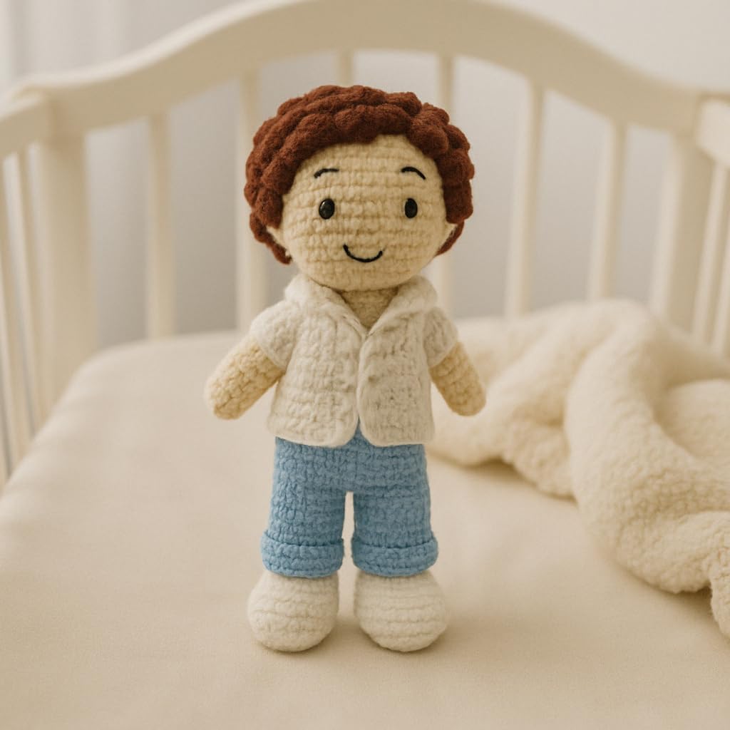 Sutra Handmade Crochet Boy Doll – Amigurumi Soft Toy with Cream Shirt & Blue Pants, Cute Handcrafted Gift for Kids & Nursery Decor