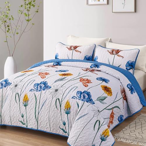 Parure de lit réversible bleu floral en microfibre douce King Size haut de gamme - 3