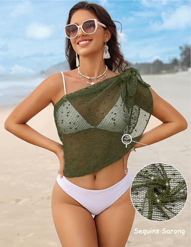 Image of Ekouaer Sarong Wraps for Women Beach Cover Up Short Crochet Coverup Skirts | Sequin Sparkly Sarong Wrap Skirt, Beach Coverup Sarong, Various Ways to Wear, For Swimming, Beach, Vacation, Sea, and Pool