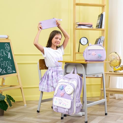 Fimibuke Kids Backpack for Girls, 4 PCS Waterproof Teen Girls Backpack with Lunch Box, Pencil Case & Headphone Bag Set2