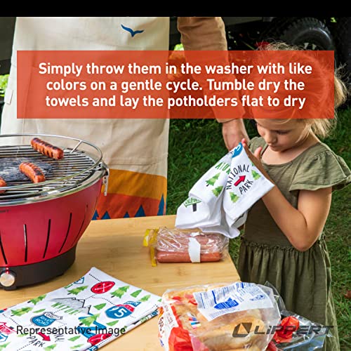 Image of Lippert Road Sign RV Kitchen Towel & Potholder Set, 6 Pieces, Unique Road Trip Design - Two Kitchen Towels, Two Dish Cloths and Two potholders Rated up to 400F - Machine Washable - 2022107828