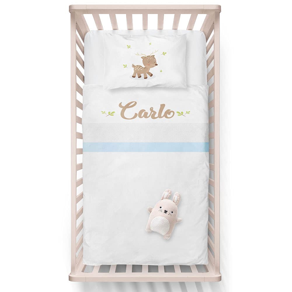 Fupies Set lenzuola culla o carrozzina per maschietto personalizzato con nome baby cerbiatto, Azzurro, Carrozzina – next to me 85x120 cm