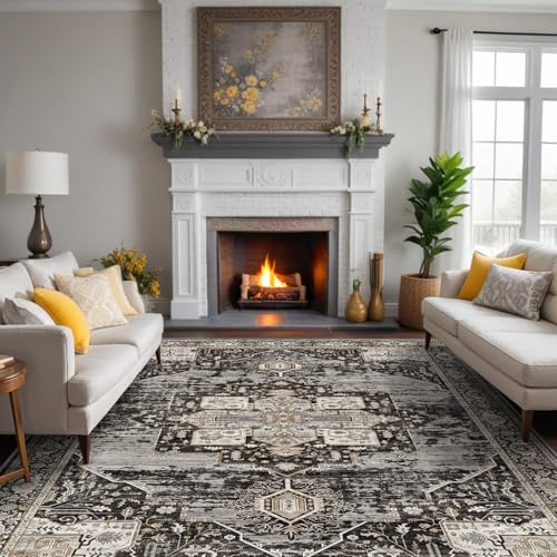 RUUGME Washable Area Rug 10x12 - Soft Area Rugs for Living Room Stain Resistant Carpet Vintage Lightweight Rugs for Bedroom with Non Slip Backing Indoor Ultra-Thin Rugs Home Decor 10x12 Black