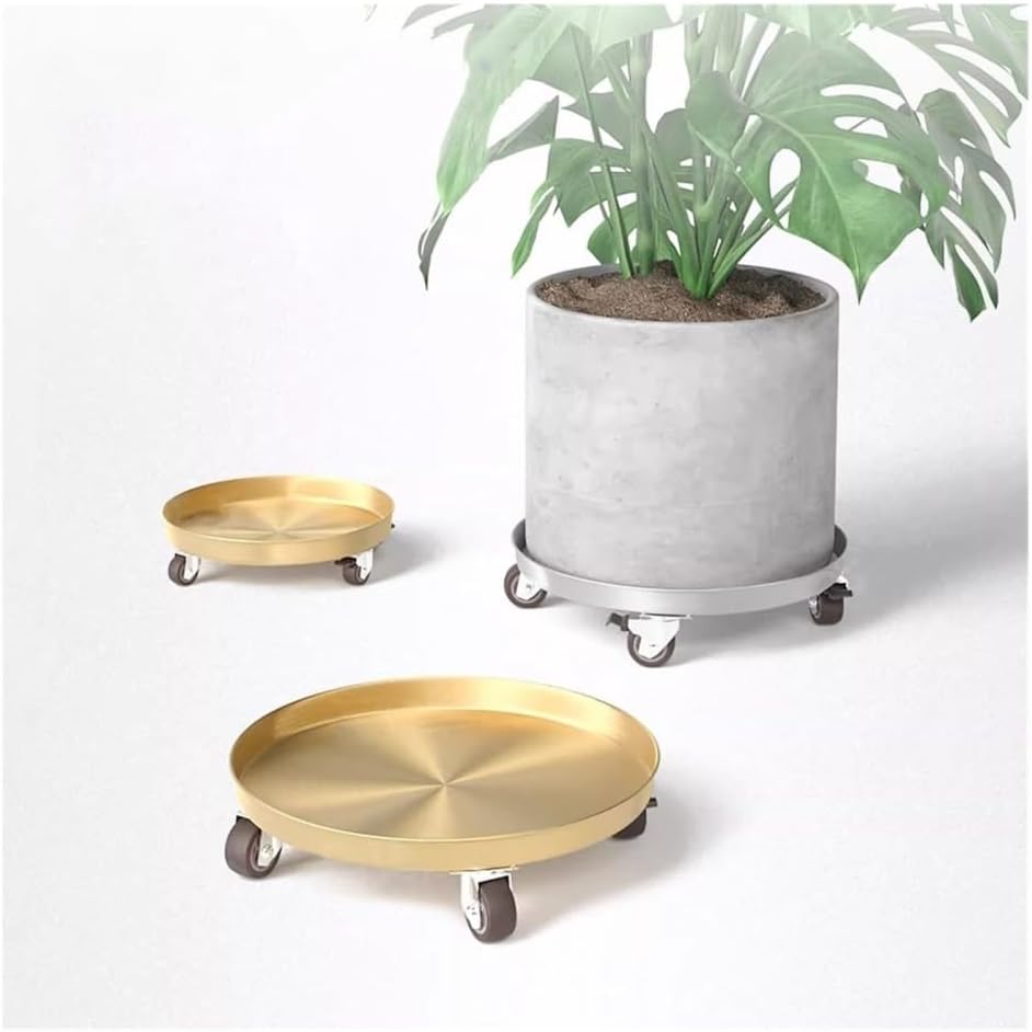 Flower Tray, Movable with Wheels Plant Saucer, Indoor Outdoor Stainless Steel Flowerpot Drip Trays,Planter Trays(Gold,Large)