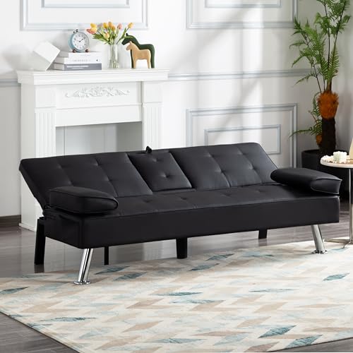Modern Faux Leather Tufted Futon Sofa Bed with Removable Pillow Armrests and Cupholders