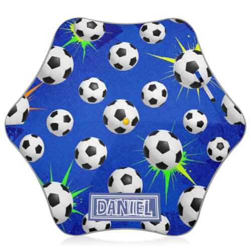 sanluoli Individueller Kinderregenschirm mit reflektierendem Streifen, personalisierter Regen-, Sonnen- und Windschutz Regenschirm, Fußball Sport Graffiti Blau Dekor