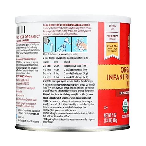 Earth's Best Organic Baby Formula for Babies 0-12 Months, Powdered Dairy Infant Formula with Iron, Omega-3 DHA, and Omega-6 ARA, 21 oz Formula Container