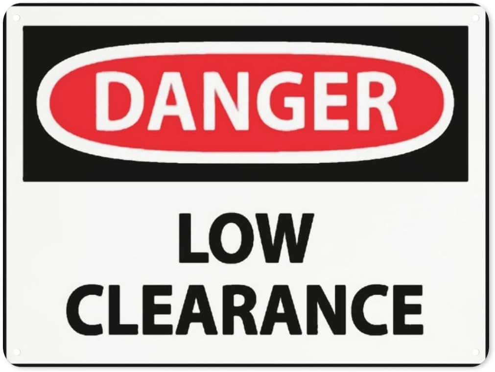Warning Notice Danger Low Clearance Rust Free Aluminum Tin Sign - Traffic Safety Decor with Pre-Drilled Holes for Workplace, Tunnel - 12x8 Inch​