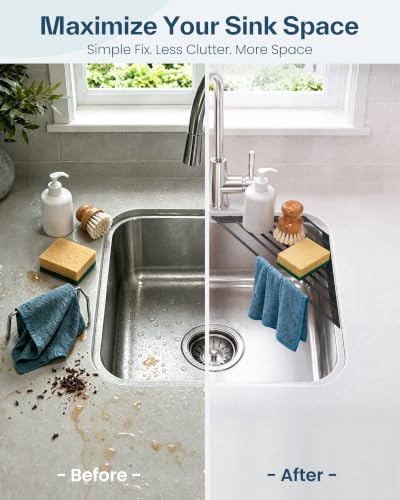 Ohuhu Corner Sink Caddy, Sponge Holder for Kitchen Sink Organizer - Silicone Wrapped Steel Anti Slip Rust Triangle Over the Sink Roll-UP Dish Drying Rack for Sink Corner Kitchen Sink Accessories β image 2