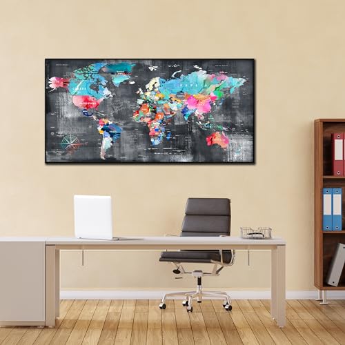 ZHAOSHOP World Map Canvas Wall Art with Frame - Office Artwork Wall Decor - Teal and Gray Wall Art for Living Room Large Size Ready to Hang Size 29" x 59" by ZHAOSHOP - Image 5