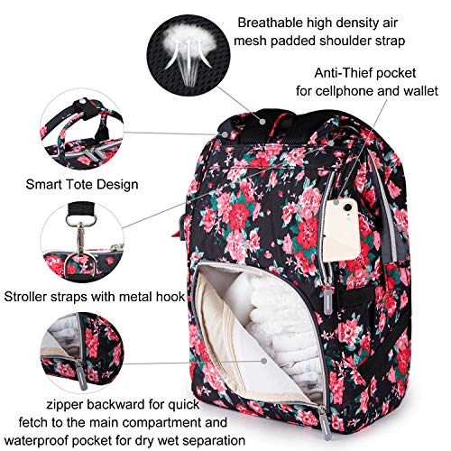 Qwreoia Floral Diaper Bag Backpack With Usb Charging Port Stroller Straps And Insulated Pocket, Travel Bag Nappy Backpack For Women/Mum (Red Flower Pattern) #TOP3