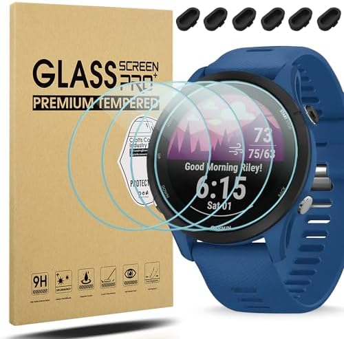 Suoman [4+6 Pack for Garmin Forerunner 255/255 Music Screen Protector + Charger Port, [Anti-Scratch] Full-Coverage 2.5D 9H Hardness Tempered Glass Screen Protective Film ﻿