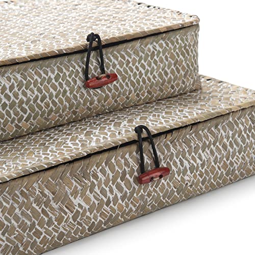 Whitewash Seagrass Storage Baskets with Lid Rectangular Organization Wicker Shelf Box Natural Woven Stackable Set of 2 (Large+Small) - Cosy Home Interiors Whitewash Seagrass Storage Baskets with Lid Rectangular Organization Wicker Shelf Box Natural Woven Stackable Set of 2 (Large+Small) - Image 5
