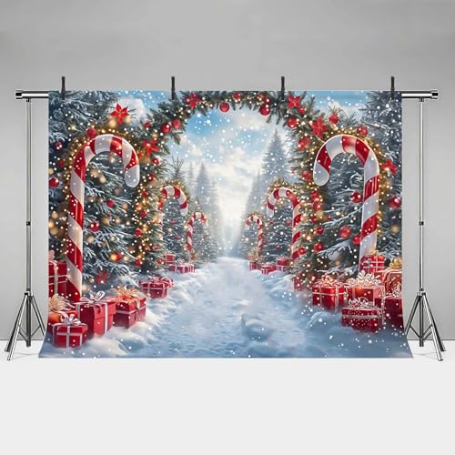 MEHOFOND Telón de fondo de Navidad de 2,4 x 1,8 m con diseño de bastón de caramelo, fondo de fotografía de invierno, escena de nieve, árbol de Navidad, decoración de fiesta de Año Nuevo, pancarta de