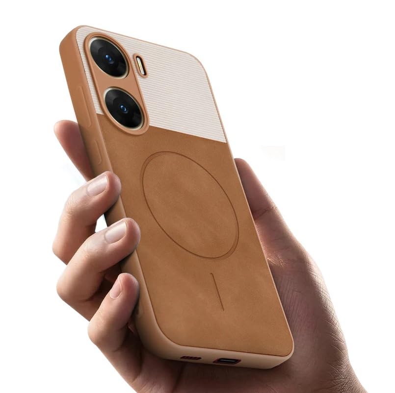 Image of Bintage case Macc-Safe Design Hard Light Weight Back Case | Soft Border Camera Protect | Dual PU Leather Finish Back Cover Compatible for Vivo V29e 5G - White & Brown