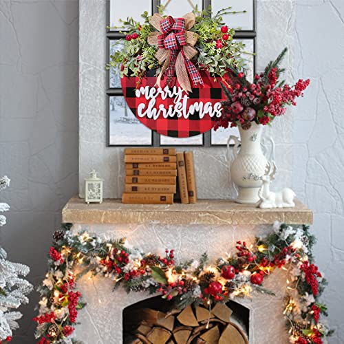 Christmas Decoration Wreath , Front Door Decor, Buffalo Plaid Check Christmas Decor,Rustic Wooden Hanging Sign Decor For Farmhouse Porch Door Window Kitchen-12 (Black / Red) #TOP4